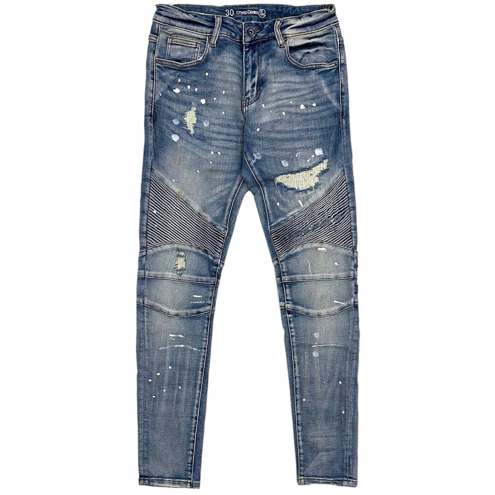 Crysp Denim Men's Biker Moto Distressed Rip & Repair Paint Splatter Skinny Jeans